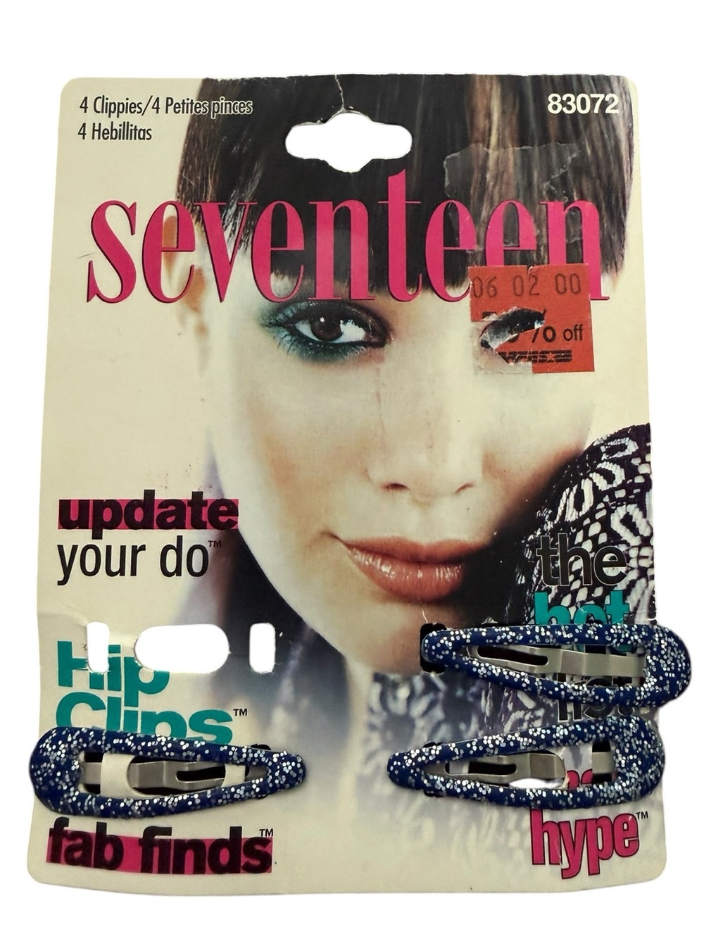 Vintage 1999 Seventeen Hip Clips Blue Glitter Snap Hair‎ Barrettes Y2K 3pc Set
